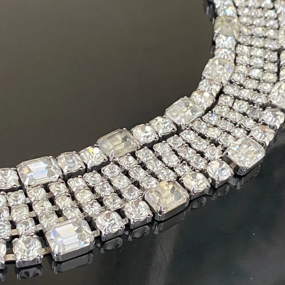 Weiss Signed Vintage Rhinestone Wide Five Row Statement Bracelet W/ Safety Chain
